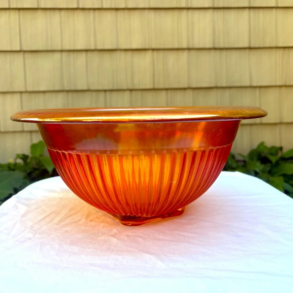 Vintage Federal Glass Orange Carnival Glass Rolled Edge Bowl 11 1/2